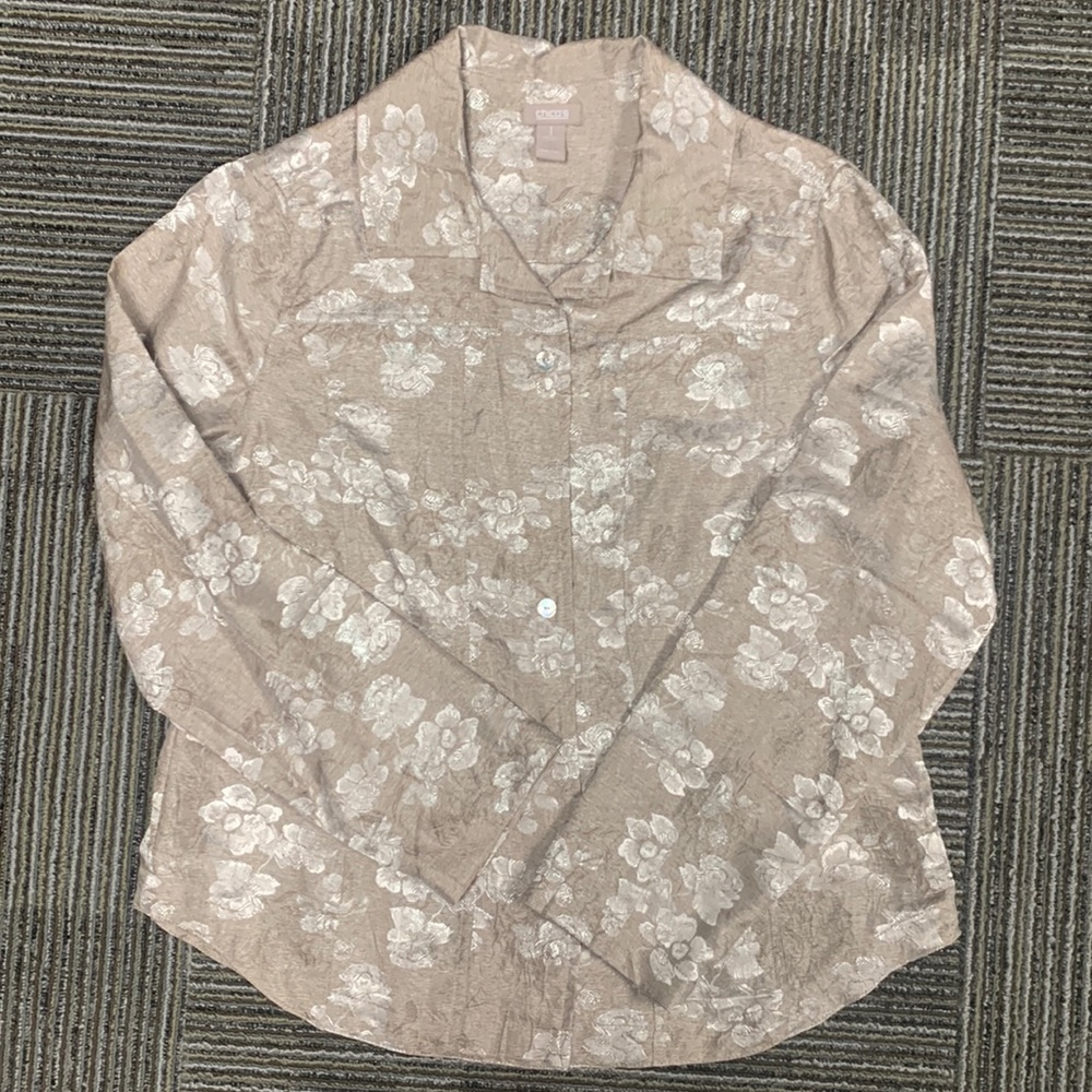 Chicos size 1 button-down top taupe colored